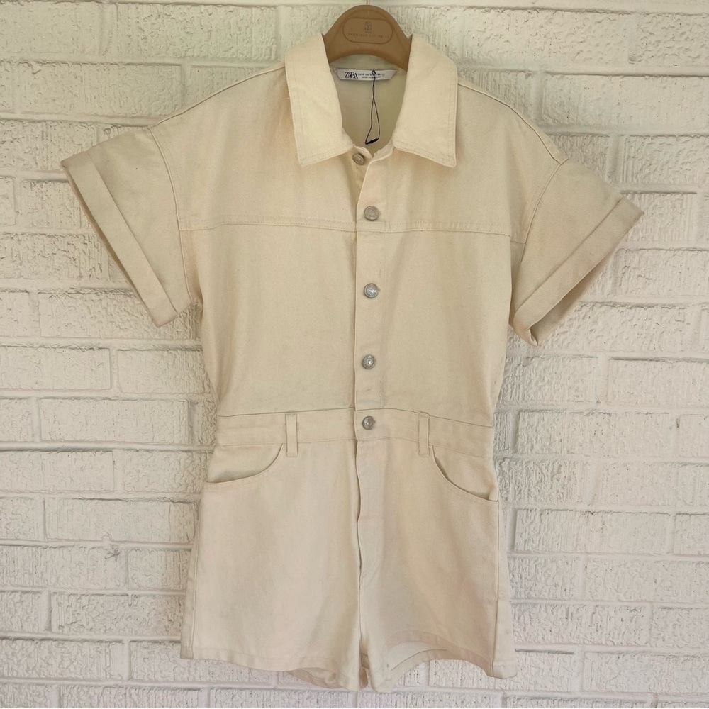 NEW Zara Short Demin Jumpsuit Z1975 White Size Small NWT - Picture 2 of 10